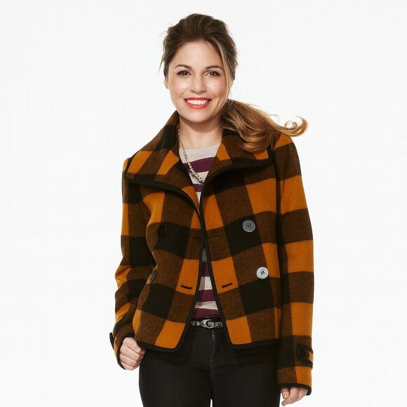 LOFT Wool Buffalo Check Double Breasted Navy/Gold Swing Coat - Picture 6 of 12